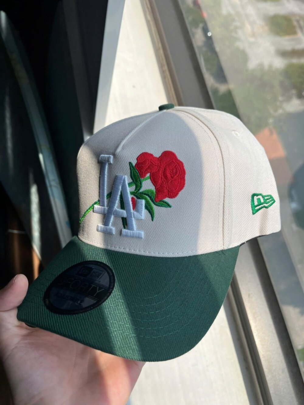 LA Rose Cream Green Baseball Cap Embroidered Patch Adjustable Unisex Hat